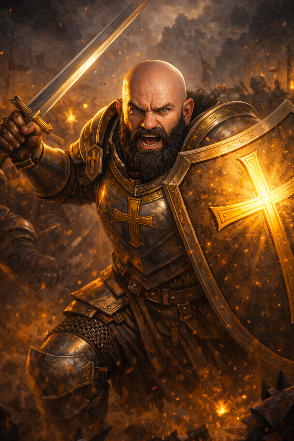 Aldric im Kampf mit leuchtendem Schild